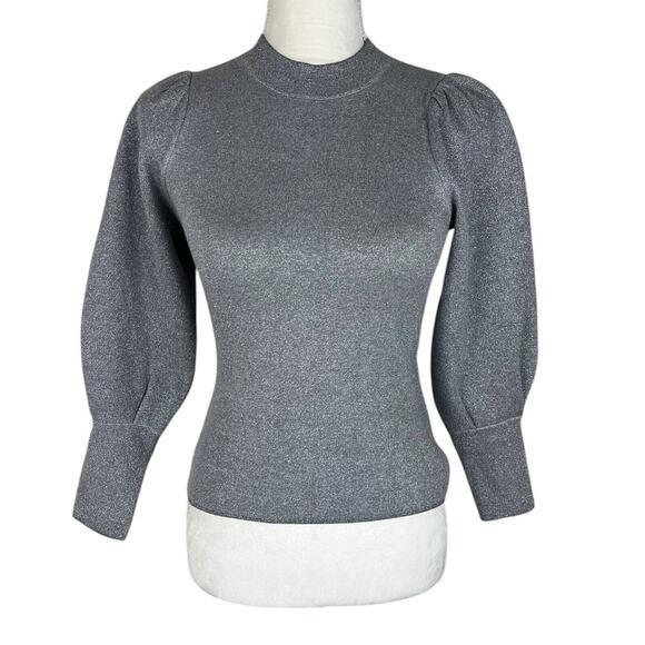 Sezane Metallic Silver Gray Jumper Sweater Mock Neck Keyhole Back Size XS - Picture 2 of 8
